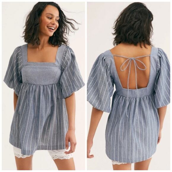 Free People Gigi Stripe Tunic Top Size XS Blue Puff Sleeve Blouse - Picture 1 of 11